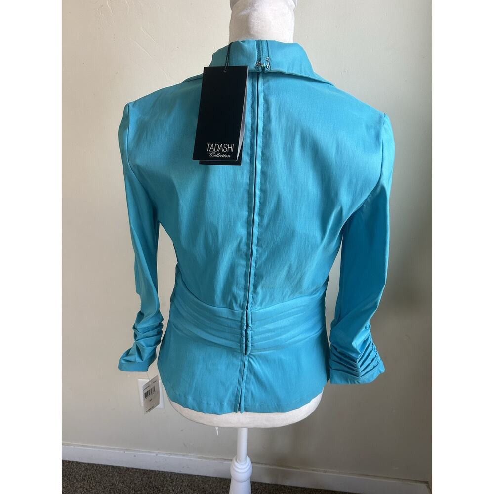 Tadashi Shoji Satin Wrap Blouse Women 6P Evening Cocktail Top Blue Artsy NWT - Picture 9 of 12